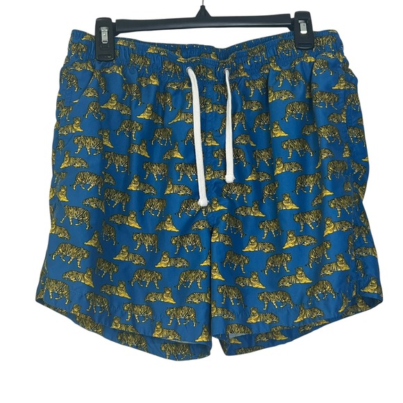 H&M Men's Blue Swim Trunks Shorts Tiger Print Elastic Drawstring Size Large - Picture 1 of 5